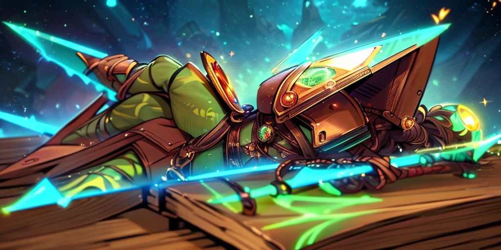 Ancient anime style, artbook, comicbook, RPG, futuristic medieval. Goblin God, with human face with glowing tribal magic tattoos, neon details, with technological tribal armor with glowing magic marks, full body, bare feet, spear with glowing magic marks. Epic scene, wide and deep scenery, with several depth planes, stylish and dynamic pose. In the middle of a magical steampunk technological village, mixing technology and vegetation, buildings with neon details and glowing magical vegetation, magical technological airships with shiny details inspired by ships flying in the sky.