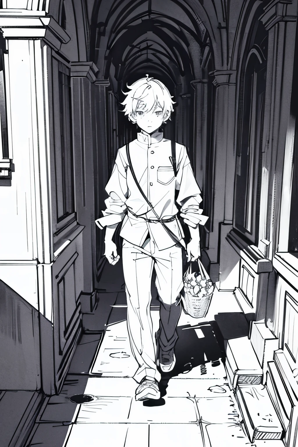 a boy walking down the path with a flower in his hand, line art, anime style, high quality, 3d style, colouring book,