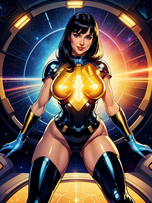 Best Quality acrylic paint art, Beautiful Vintage Space Woman, straight black Hair, bangs, Looking at Viewer, SHY SMILE,  Ultra shiny perspex cramped leotard, adjusting high-tech gloves, tech belt, thighs and knee, spaceship battle scenery, golden lights