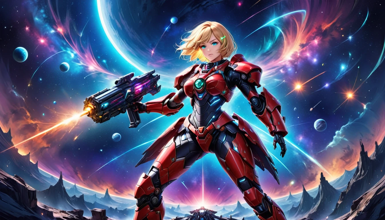 a human female mech warrior in battle on a moon in space, full body shot, action shot, a tough and beautiful female mech warrior, short blond hair, dynamic eye color, intent gaze, ultra detailed face, best detailed face, she wears mech armor, holding a massive sci-fi gun, in battle, outer space background, stars, vibrant, Ultra-high resolution, High Contrast, (masterpiece:1.5), highest quality, Best aesthetics), best details, best quality, highres, (ultra wide angle: 1.2), 16k, ultra detailed, masterpiece, best quality, (extremely detailed),dark novel, Mechanical Creatures, 