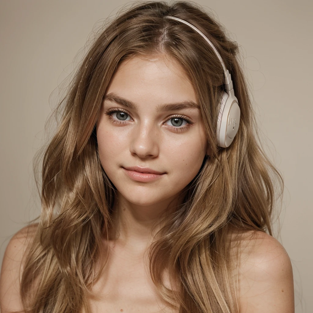 (best qualityer,realisitic),girly face,20 year,grey-eyed,long wavy golden blonde hair,moderately thick eyebrows,Sharp chin,tiny nose,heart shaped face,smooth and silky skin,fast luminosa,vibrant bright eyes,golden highlights in hair,captivating smile,natural beautiful,funny posture,gentle expression,dreamy atmosphere,soft natural lighting,Subtle blush on cheeks,Delicate facial features,elegant and elegant style,subtle touch of sophistication,pure and innocent charm,color palette with dark colored tones gamer room in a gamer room with pink and white colors sitting with headphones side photo style