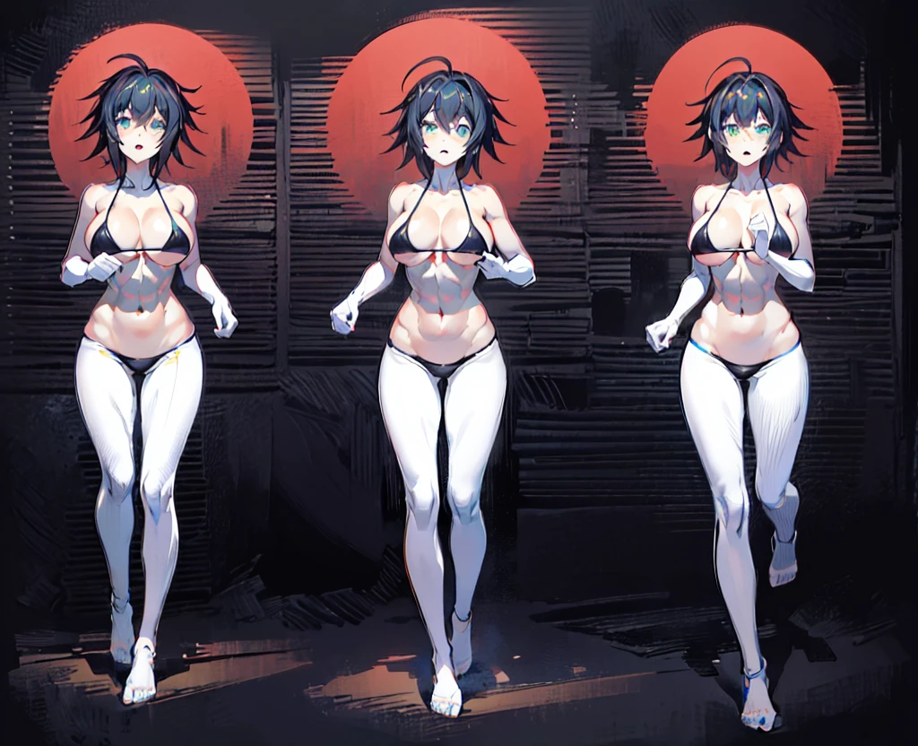 a drawing of a woman in a sport style wearing a black crop top and black pants, muscular abs girl, female arms character, sci-fi, feminine and muscular, makoto, white, fubuki, (thin waist), ((curvy)), ((wide hips)), big long curly black hair, sexy, muscular thighs, full body