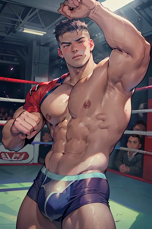 ((Best Quality, 8K, ultra-detailed, Masterpiece: 1.3)), 1boy, shiny skin, sharp, Perfect Body Beauty, realistic shaded perfect body, (cute baby face:1.1),("wrestling wear, big bulge ":1.2),(dynamic pose:1.1), thigh , bedroom , (bulge focus:1.2)