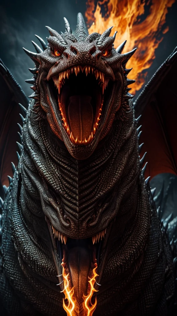 a furious dragon, breathing fire, highly detailed, hyper realistic, 8k, dramatic lighting, cinematic, dramatic pose, powerful, angry expression, sharp fangs, glowing eyes, intricate scales, detailed textures, volumetric smoke, intense colors, vibrant palette, dramatic shadows, photorealistic, digital art, concept art, fantasy art
