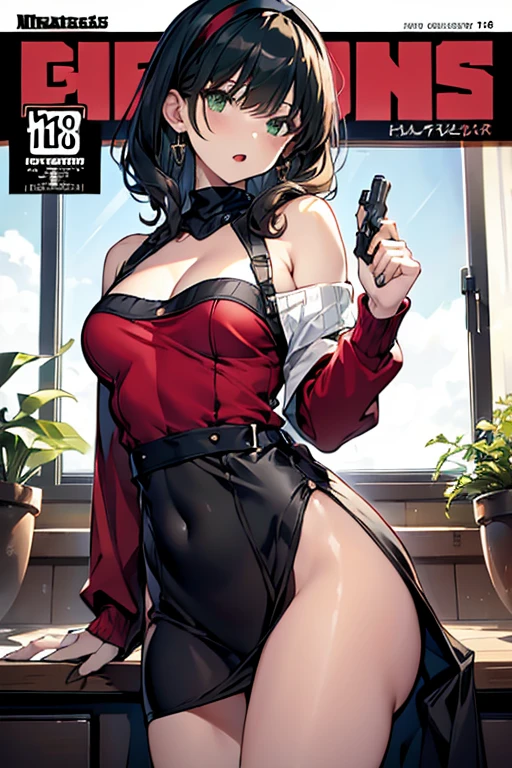 (small breasts:1.2), (perky chest:1.1), (pointed chest:1.0), (hand gun magazine cover:1.3),(from below:1.2),(from side:0.9),masterpiece, 1girl, Amazing Cleavage:1.1, thin waist, big ass, Raised sexy, small breast: 1.2, posed cleavage:1.2、solo, open mouth, have a cute grass of cute beergrass,black hair, dark green eyes, dress, bare shoulders, jewelry, collarbone, sidelocks, hairband, earrings, indoors, off shoulder, sweater, arms behind back, plant, short hair with long locks, gild hairband, sweater dress:1.2, off-shoulder sweater, red sweater, dark gord hair, big side hair, very long side hair,is rendered in (masterpiece: 1.2, best quality), with (ultra high resolution) and an exquisite (depth of field). This masterpiece is not only visually stunning but also tells,A scene of cooking in the kitchen by classroom ,looking at viewer,