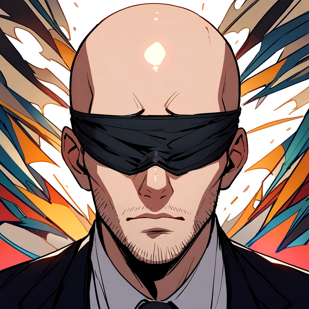 young handsome man with blindfold in a suit, light stubble, face centered in the lens, bald, square jaw