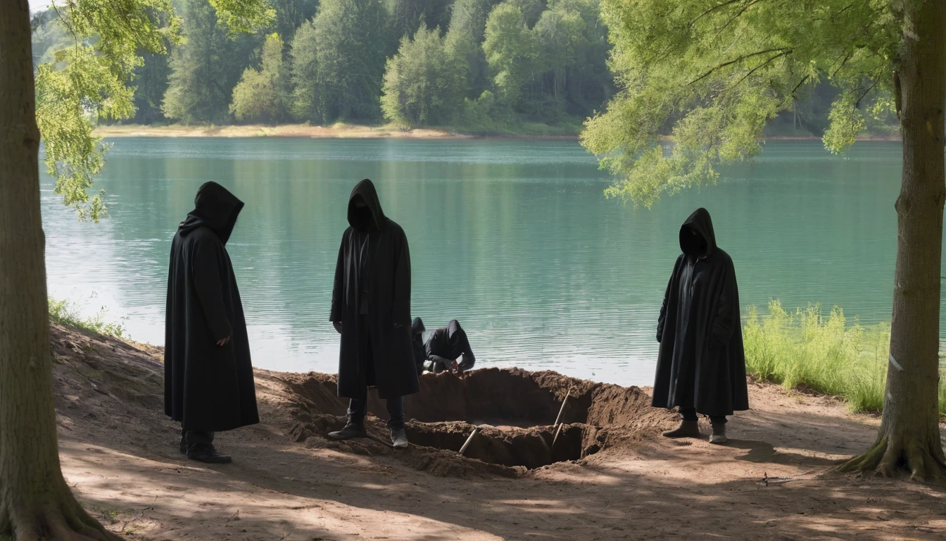 "Three figures dressed in dark clothes with hoods covering their faces, standing by the lake's edge. They appear to be digging a hole on the shore. The image is captured from a distance, with the figures partially obscured by the shadows of the surrounding trees."