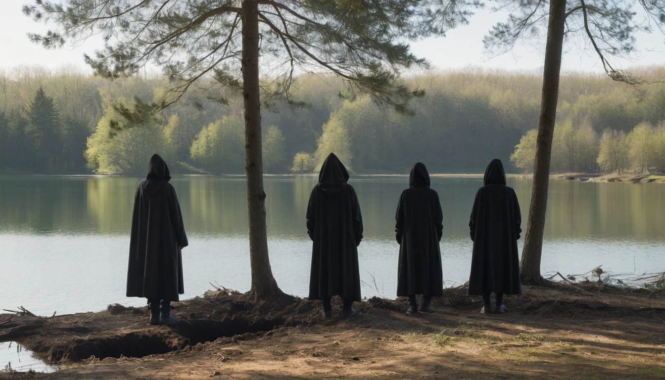 "Three figures dressed in dark clothes with hoods covering their faces, standing by the lake's edge. They appear to be digging a hole on the shore. The image is captured from a distance, with the figures partially obscured by the shadows of the surrounding trees."