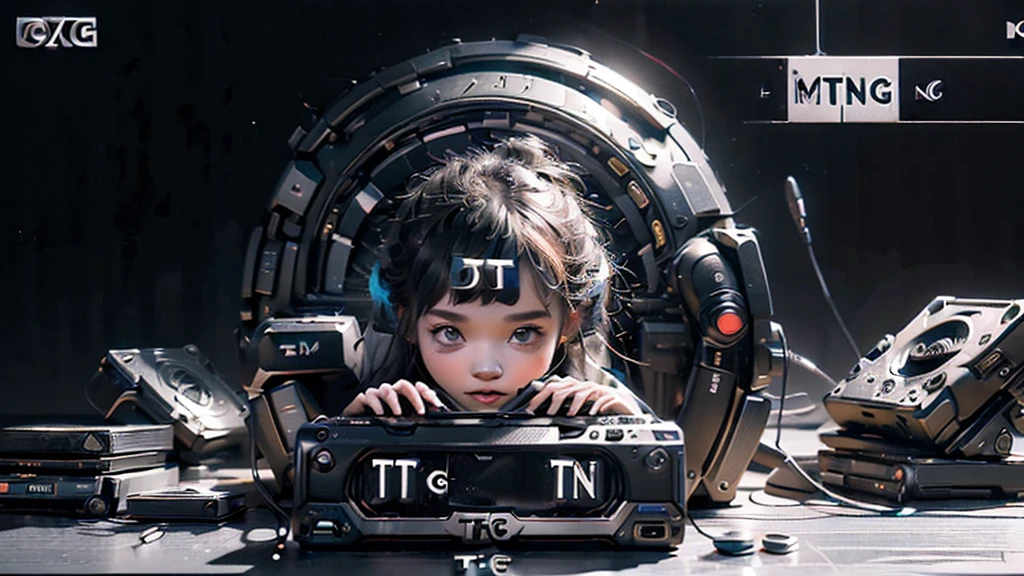 (DTG: 1.8), (DTG letters: 1.8), (Three letters: 1.8), DJ set, Music, cassette, CD Player, Futuristic device for music playing, Music reproducer, Lo-fi, writing, abstract, colorful, high resolution, high quality, neon colors, dark grey background, black grey grdient