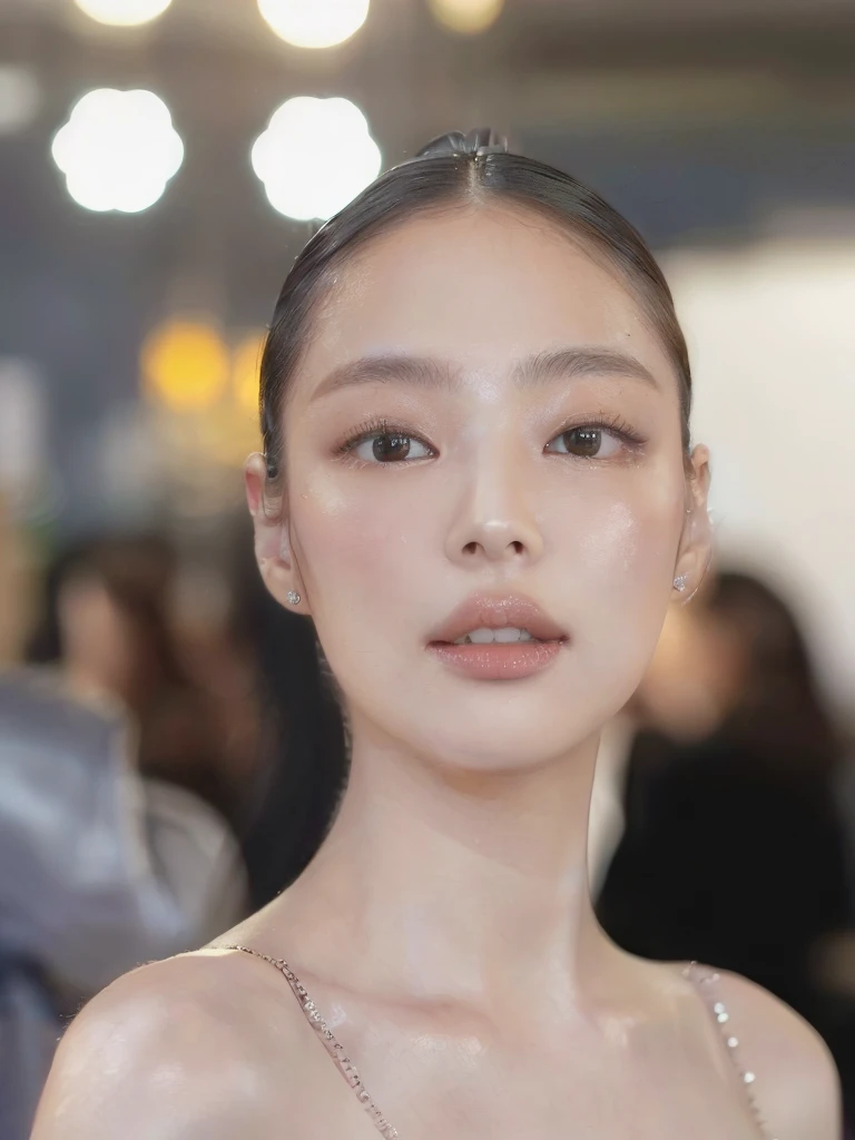 a closeup of a woman with a necklace on her neck, jennie pink black, Portrait of Jennie from Blackpink, Beautiful young Korean woman, leaked image, Kim Jennie the Blackpink
