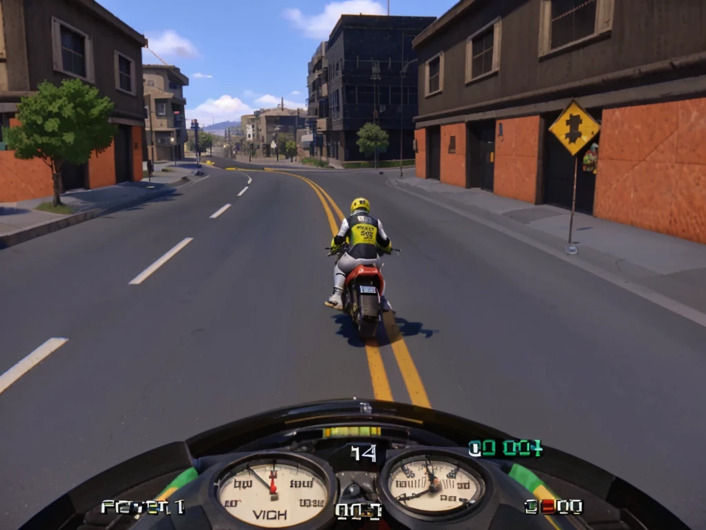 arafed motorcycle rider on a street in a game, old 3d graphics, riding a motorbike down a street, psx graphics, psx game graphics, in - game screen shot, n  graphics, n graphics, motorbiker, 1994 video game screenshot, 3 d video game, 3d video game, video game screenshot