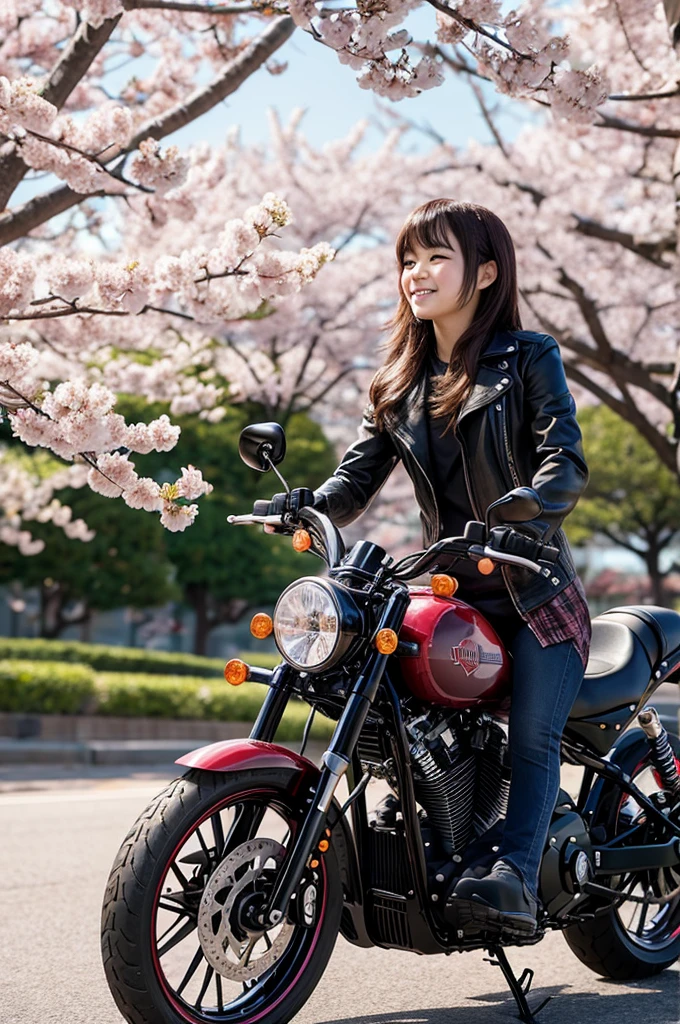 The cherry blossoms are in full bloom and a baseball boy is riding a Harley Davidson.