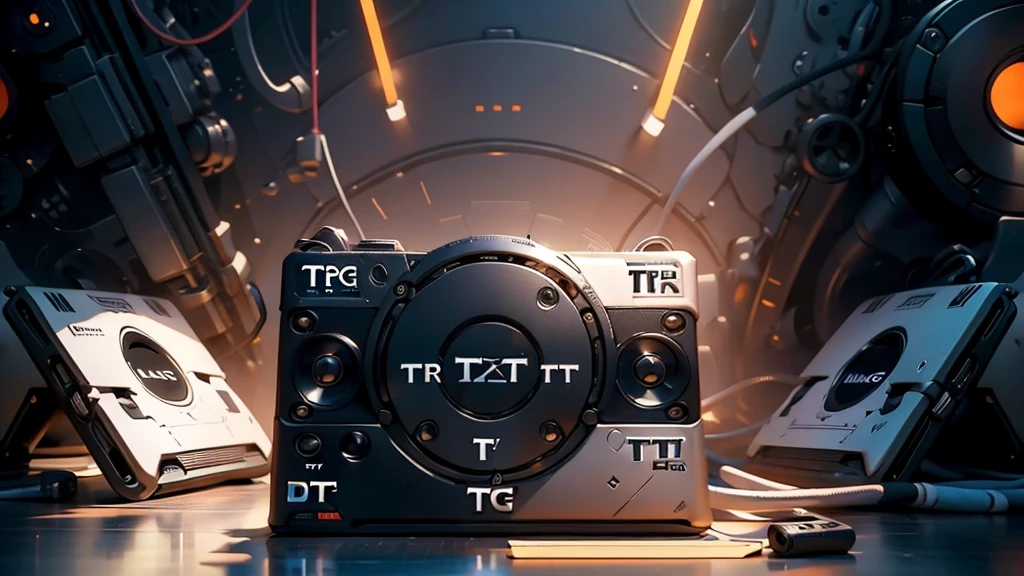 (DTG: 1.8), (DTG letters: 1.8), (Three letters: 1.8), DJ set, Music, cassette, CD Player, Futuristic device for music playing, Music reproducer, Lo-fi, writing, abstract, colorful, high resolution, high quality, neon colors, dark grey background, black grey grdient