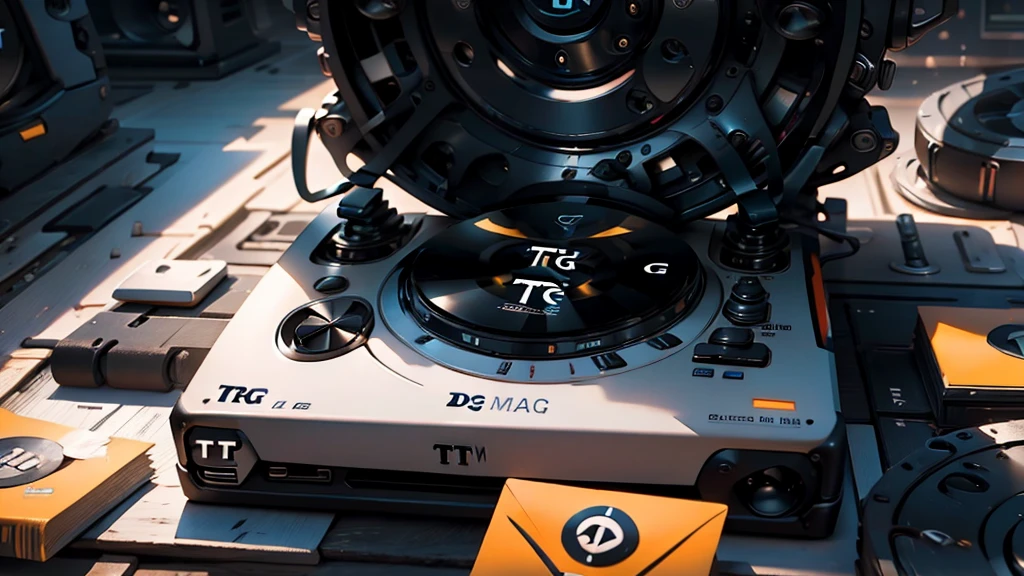 (DTG: 1.8), (DTG letters: 1.8), (Three letters: 1.8), DJ set, Music, cassette, CD Player, Futuristic device for music playing, Music reproducer, Lo-fi, writing, abstract, colorful, high resolution, high quality, neon colors, dark grey background, black grey grdient