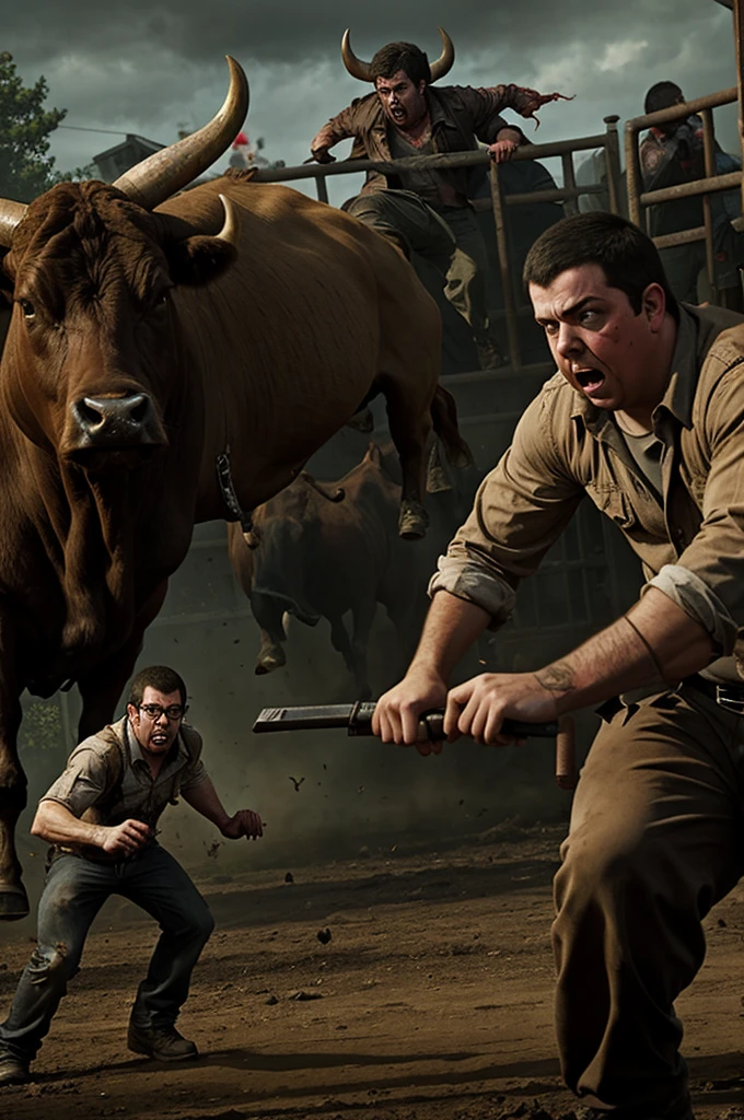 McClovin fighting zombies, while in the background a bull is devoured by zombies