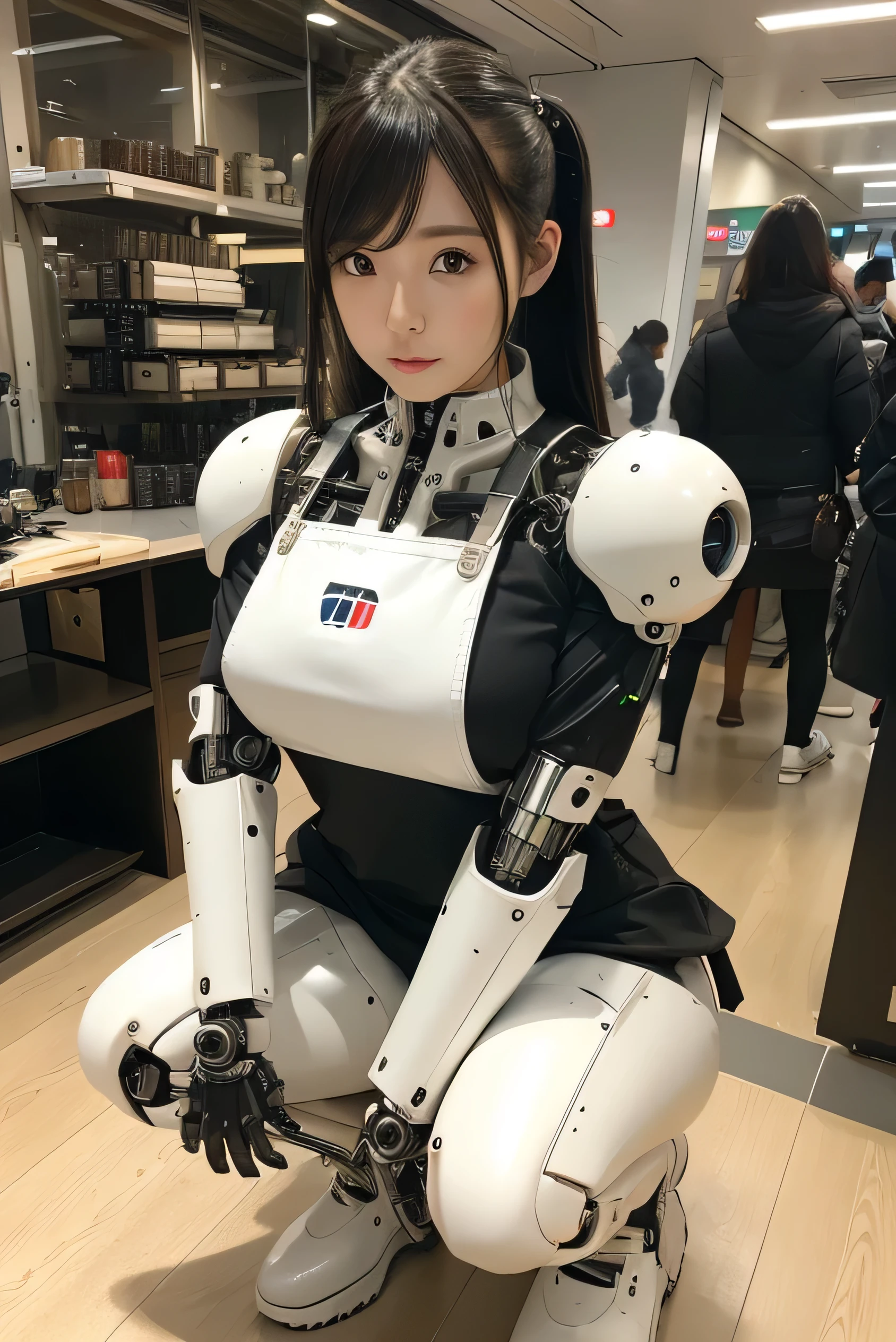 Japanese android girl,Plump , White boots,control panels,activate,Squat,android,droid,Mechanical Hand,clothes with a sense of mechanical technology, Robot arms and legs, Black Robot Parts,black hair,apron,white robot body,ceramic body