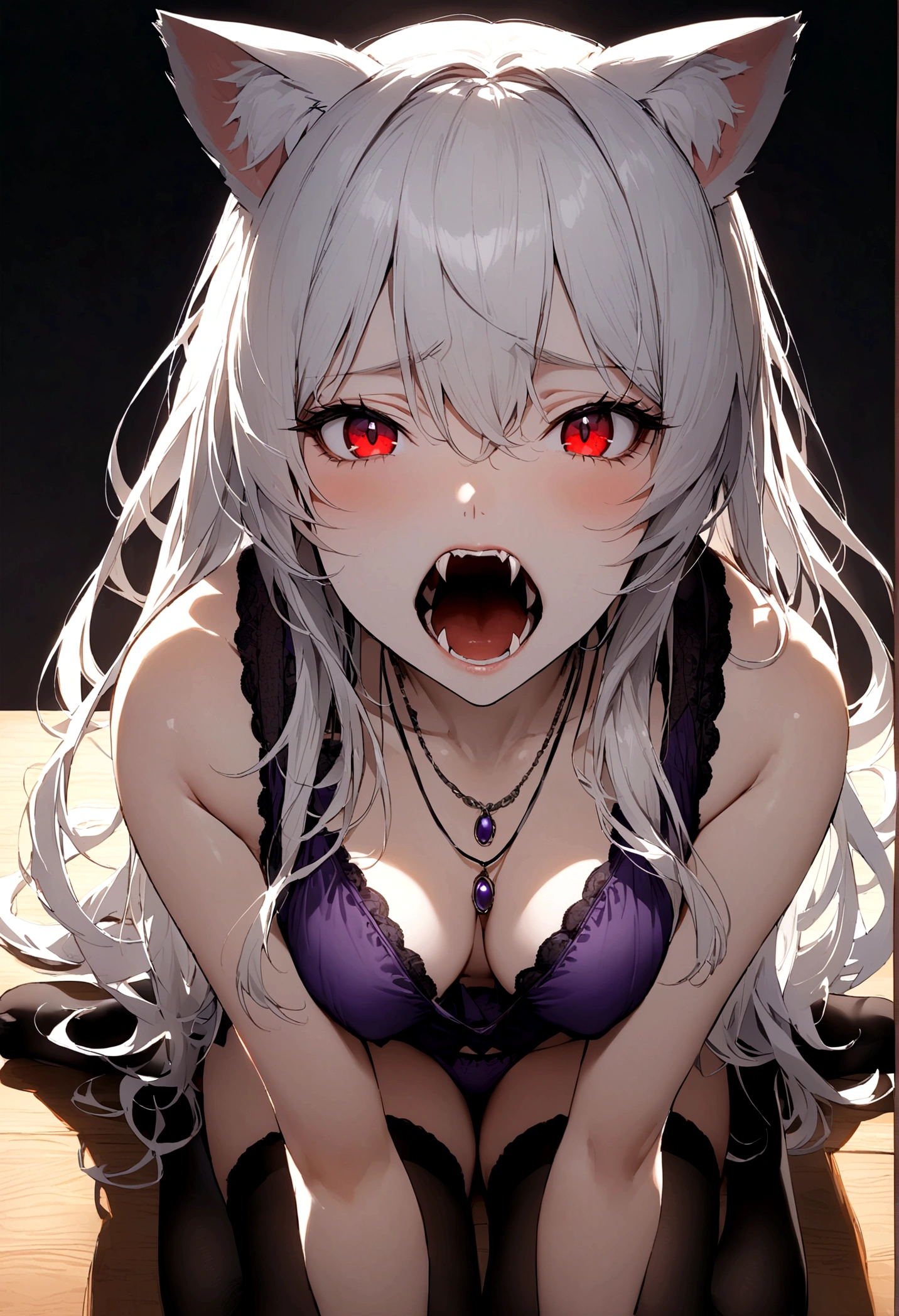 woman with cat ears, sexy, sitting on a table with black stockings, without shoes, the clasps of her blouse open, showing her purple underwear, White hair, showing his fangs coming out of his mouth, long hair, red eyed, with a necklace around his neck