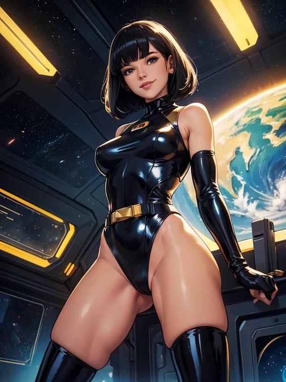 Best Quality acrylic paint art, Beautiful Vintage Space Woman, straight black Hair, bangs, Looking at Viewer, SHY SMILE,  Ultra shiny perspex cramped leotard, adjusting high-tech gloves, tech belt, thighs and knee, spaceship battle scenery, golden lights
