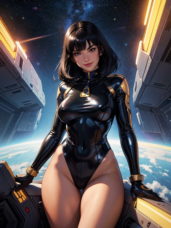 Best Quality acrylic paint art, Beautiful Vintage Space Woman, straight black Hair, bangs, Looking at Viewer, SHY SMILE,  Ultra shiny perspex cramped leotard, adjusting high-tech gloves, tech belt, thighs and knee, spaceship battle scenery, golden lights