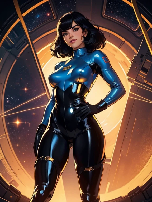 Best Quality acrylic paint art, Beautiful Vintage Space Woman, straight black Hair, bangs, Looking at Viewer, SHY SMILE,  Ultra shiny perspex cramped leotard, adjusting high-tech gloves, tech belt, thighs and knee, spaceship battle scenery, golden lights