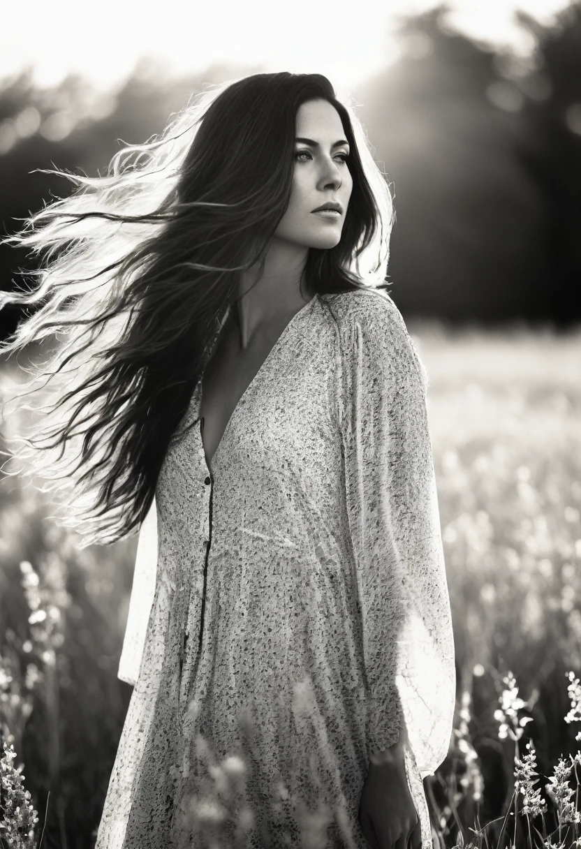 brunette woman with long hair standing in a field with trees, backlit loose hair, ethereal backlight, hair waving in the wind, hair blowing in the wind, hair waving in the wind, long hair waving in the wind, hair floating in the wind, hair waving in the wind, wind blows and hair flows, hair blown by the wind, black white photography, analog photography