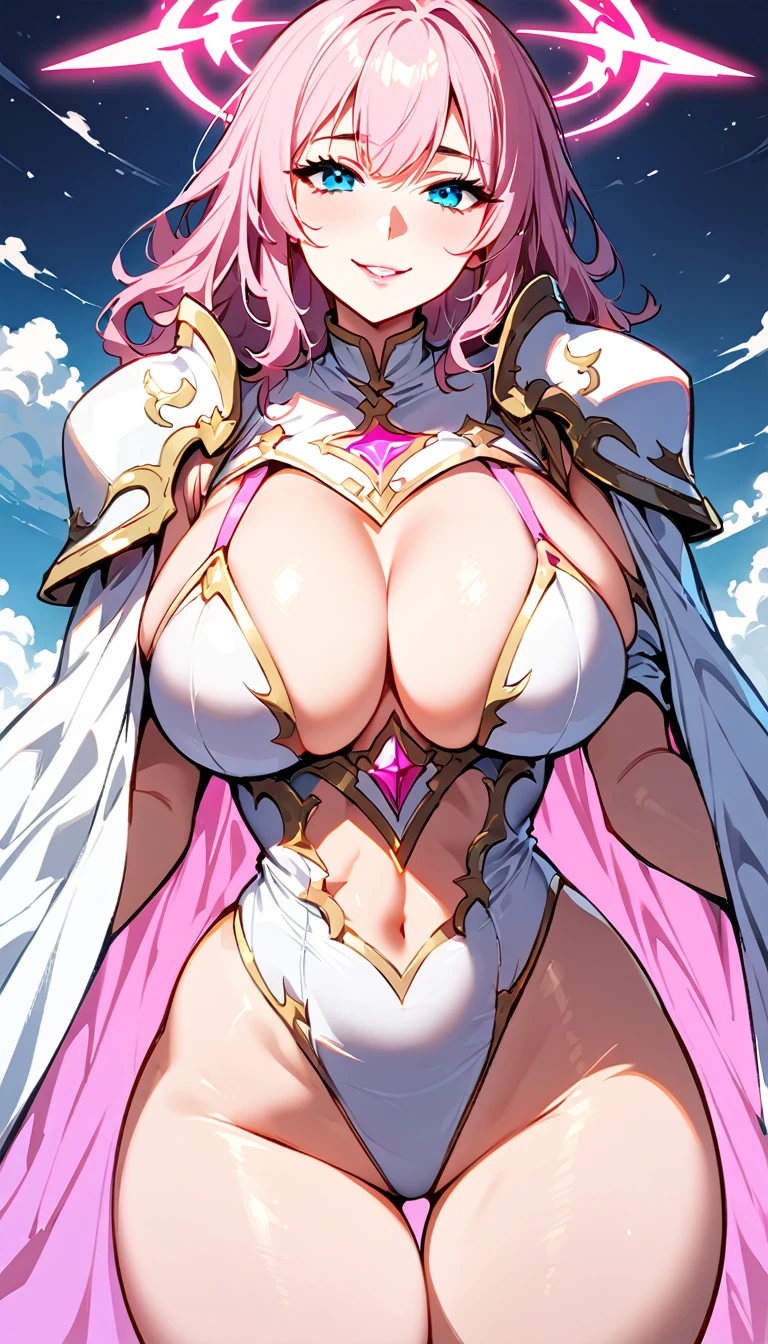 (high quality, 8k, 4K, high contrast, artwork:1.2, high quality, best aesthetics), (centralized), ((1 woman)), erotic, sensual, mature body, super detailed, beautiful face detailed, beautiful eyes detailed, detailed beautiful mouth, sexy body, perfect breats, perfect wide thighs, light pink hair, long light pink hair, wavy light pink hair, blue eyes, white medieval armor with sexy pink details, cleavage, shoulder pads, long white cape, exposed thighs, exposed belly, pink angel halo, smiling, calm facial expression, standing erect, looking at the viewer, centered, above the clouds, clear sky.