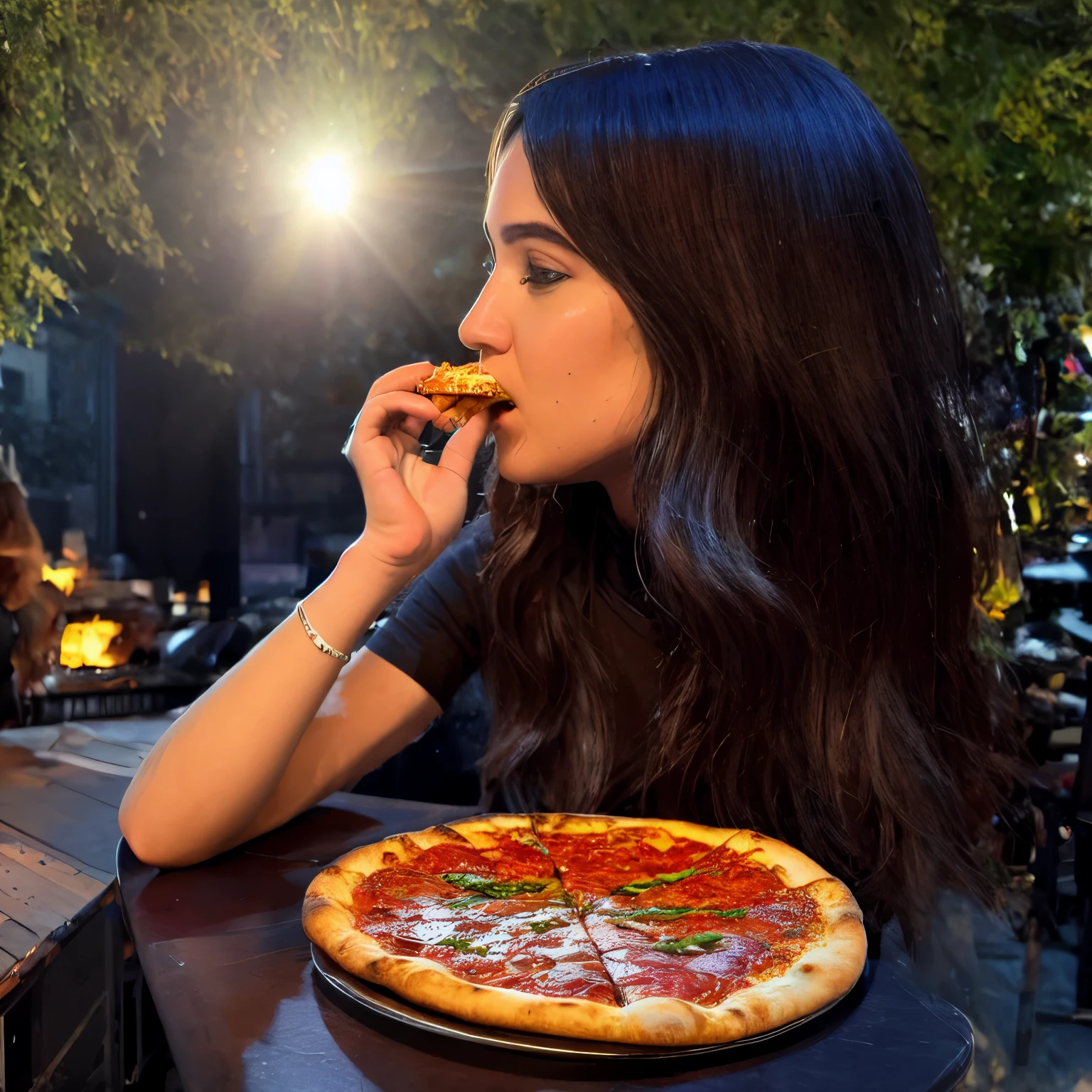 Create an image of a silhouette of a person eating pizza. The person should be in a side profile, with their head tilted slightly back and a slice of pizza held near their mouth. The background should feature a gradient sunset with soft, warm colors, creating a backlight effect that highlights the silhouette of the person. The image should have a peaceful and serene atmosphere.