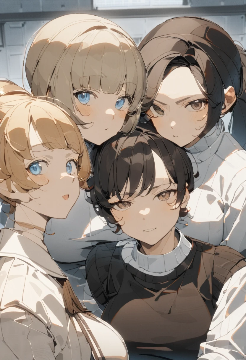 ((Highest quality, 8K, masterpiece:1.3)),Three Women、3girls、 sharp:1.2, Beautiful woman with perfect figure:1.4, Slim Abs:1.2, ((Huge boobs:1.5,sagging breast:1.5)),Highly detailed face and skin texture,Detailed eyes,double eyelid、Blonde、Bobcut、Bob Hair、Pale blue eyes、Brown Hair、ponytail、Black Hair、Hair with a loose perm、Iris、Brown eyes