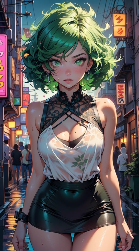 girl youtuber,(((1girl))),((extremely cute and beautiful green curly-haired girl)),
(short breasts:1.4),big butt,(((green curly hair:1.35,very curly hair,colored inner hair,ear breathing,short hair))),(((green_eyes:1.3))),intricate eyes,beautiful detailed eyes,symmetrical eyes,big eyes:1.3,((fat)),(((lustrous skin:1.5,bright skin: 1.5,skin tanned,shiny skin,very shiny skin,shiny body,plastic glitter skin,exaggerated shiny skin,illuminated skin,wet legs))),detailed body,(detailed face),((perfect feminine face)),
cute,slutty,seductive,erotic,(((nsfw))),
zettai ryouiki,revealing clothing,show skin,((rave mini-skirt,visible thong straps,white loose tank top with an anime art print)),((wet clothes,intricate outfit,intricate clothes)),
(dynamic pose:1.0),embarrassed,(centered,scale to fit dimensions,Rule of thirds),
cyberpunk city by the ocean at night, with bright neon signs and dark stormy clouds and puddles, scenery:1.25,nighttime, starry night, cosmos,Very dark night that makes the neon lights stand out, very bright neon lights,
artistic photography,(photography taken by sldr),highres, sharp focus,(ultra detailed, extremely detailed), (photorealistic artwork:1.37),(extremely detailed CG unity 8k wallpaper),((synthwave background theme)),(((vibrant colors))),intricate,(intricate background),(masterpiece),(best quality),perfect rendered face,perfect face details,realistic face,photo realistic,analog style,((intricate detail)),(((realism))),