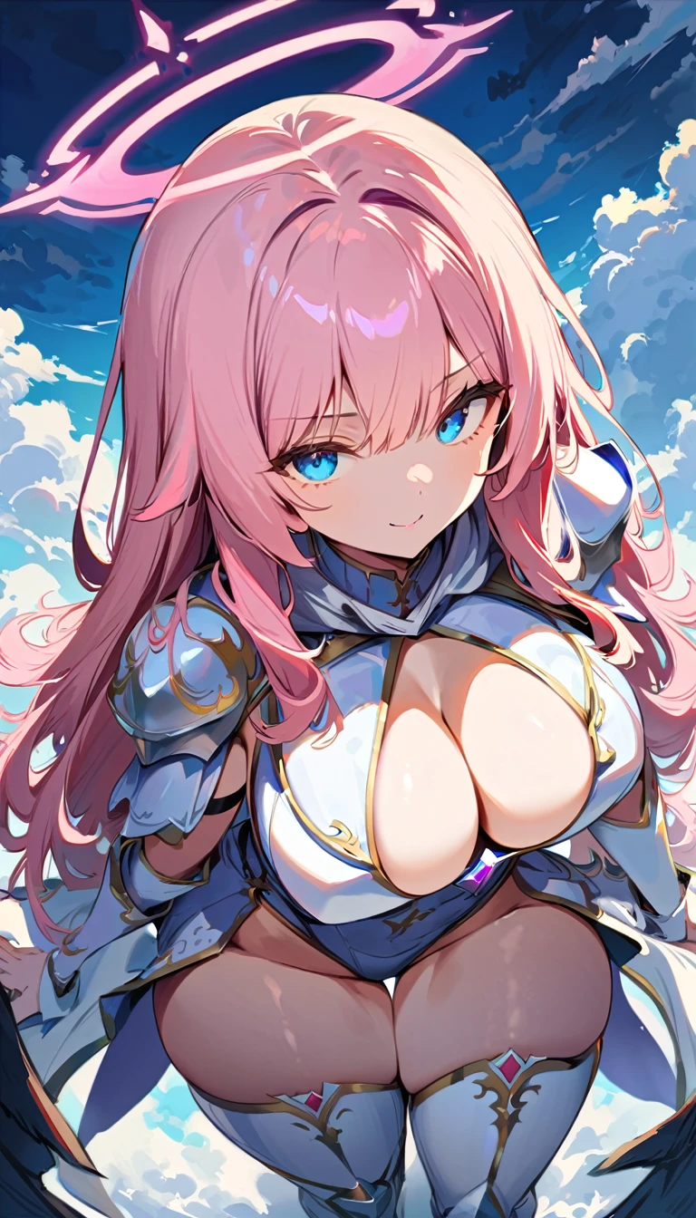 (high quality, 8k, 4K, high contrast, artwork:1.2, high quality, best aesthetics), (centralized), ((1 woman)), erotic, sensual, mature body, super detailed, beautiful face detailed, beautiful eyes detailed, detailed beautiful mouth, sexy body, perfect breats, perfect wide thighs, light pink hair, long light pink hair, wavy light pink hair, blue eyes, white medieval armor with sexy pink details, cleavage, shoulder pads, long white cape, exposed thighs, exposed belly, pink angel halo, smiling, calm facial expression, standing erect, looking at the viewer, centered, above the clouds, clear sky.