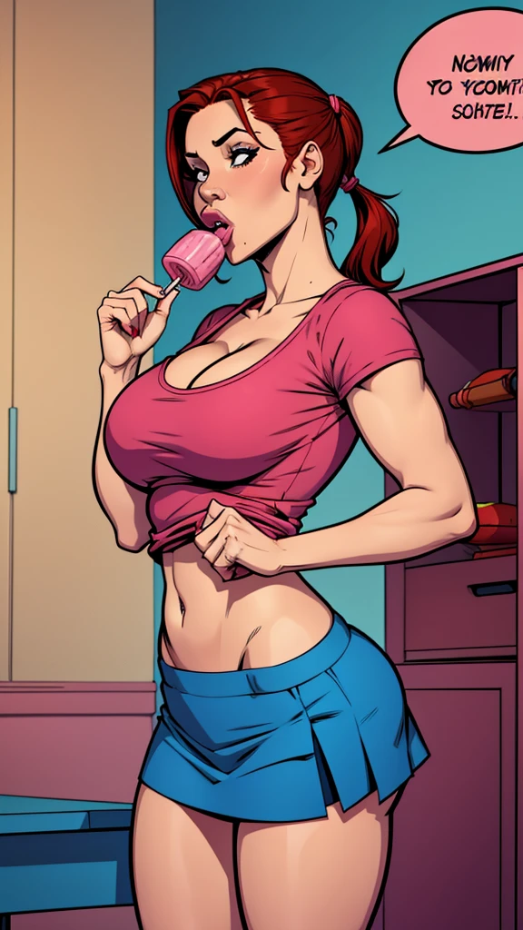 Woman brunette,red hair and pigtails,blue shirt,pink school miniskirt,sucking a lollypop,attractive,busty. Comic style
