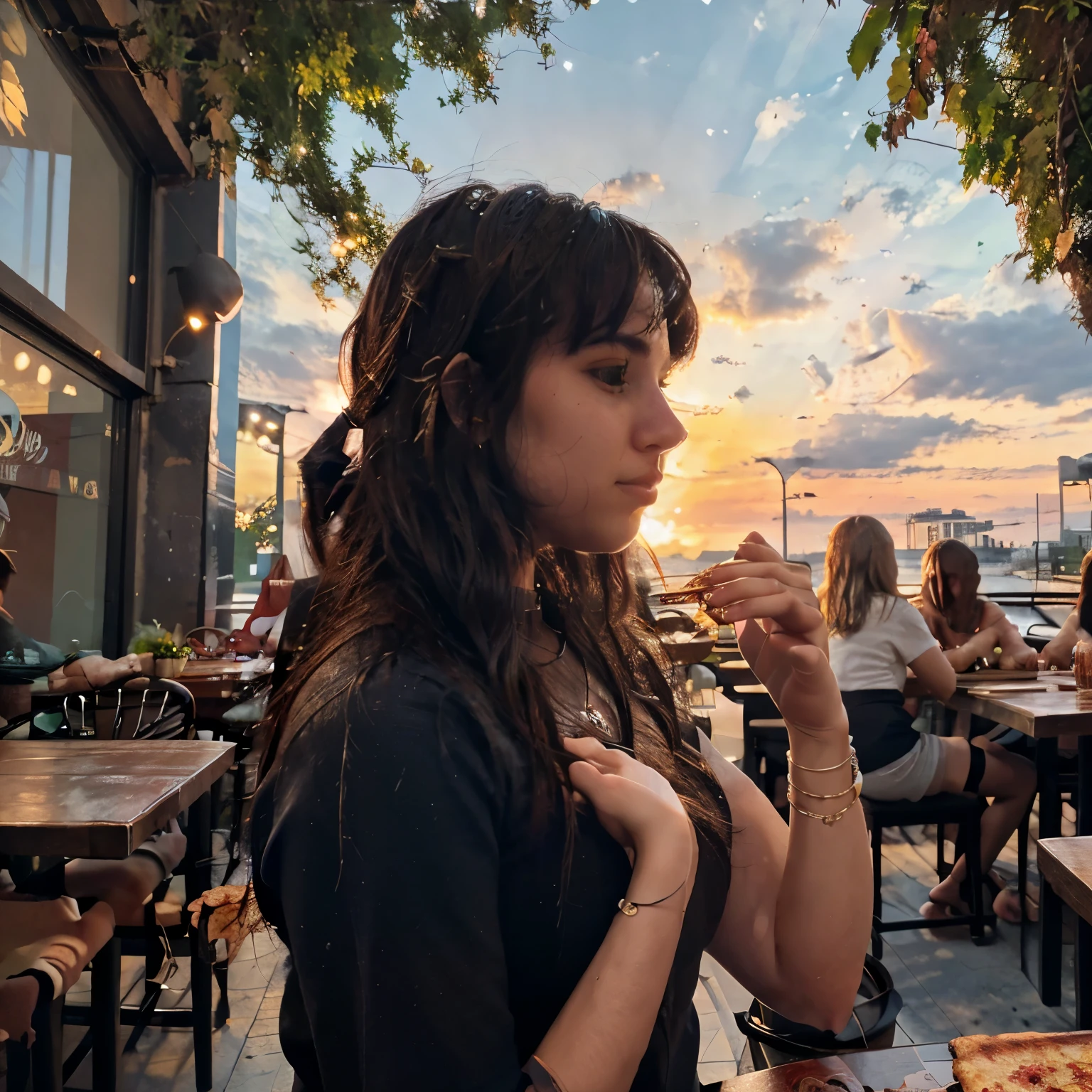 Create an image of a silhouette of a person eating pizza. The person should be in a side profile, with their head tilted slightly back and a slice of pizza held near their mouth. The background should feature a gradient sunset with soft, warm colors, creating a backlight effect that highlights the silhouette of the person. The image should have a peaceful and serene atmosphere.