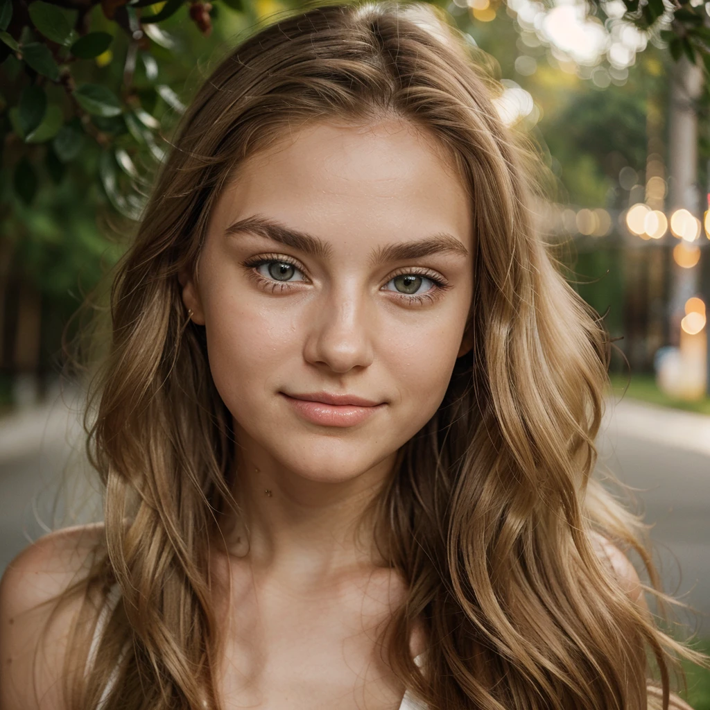 (best qualityer,realisitic),girly face,20 year,grey-eyed,long wavy golden blonde hair,moderately thick eyebrows,Sharp chin,tiny nose,heart shaped face,smooth and silky skin,fast luminosa,vibrant bright eyes,golden highlights in hair,captivating smile,natural beautiful,funny posture,gentle expression,dreamy atmosphere,soft natural lighting,Subtle blush on cheeks,Delicate facial features,elegant style outdoor night photo club style
