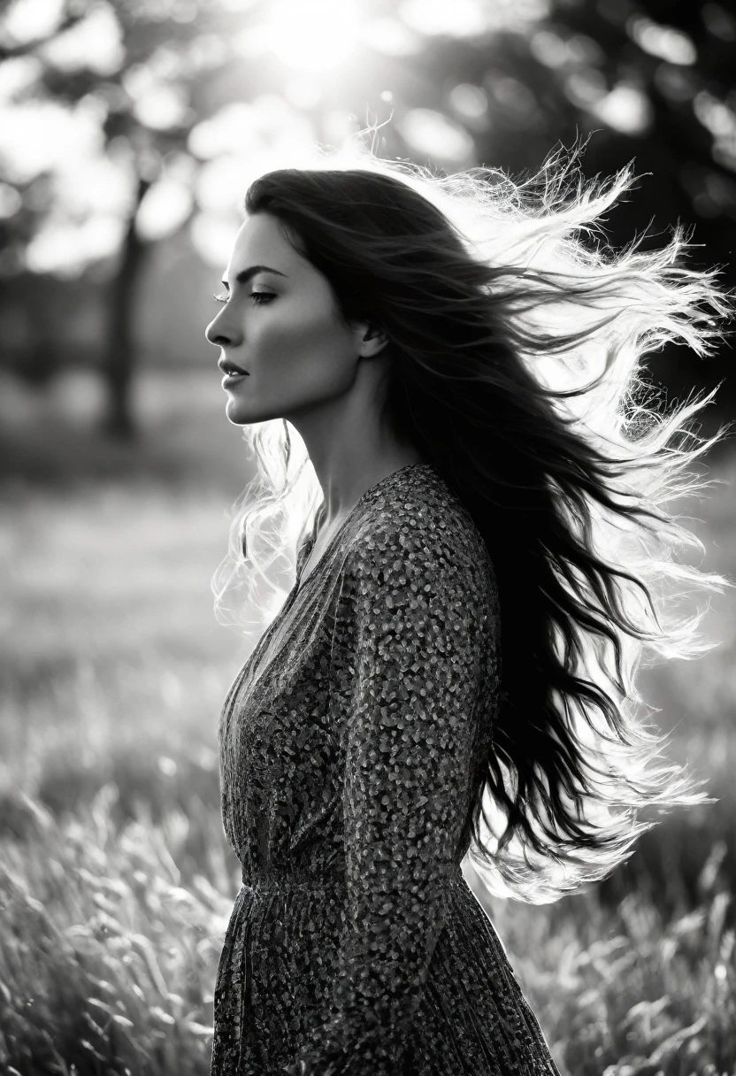 brunette woman with long hair standing in a field with trees, backlit loose hair, ethereal backlight, hair waving in the wind, hair blowing in the wind, hair waving in the wind, long hair waving in the wind, hair floating in the wind, hair waving in the wind, wind blows and hair flows, hair blown by the wind, black white photography, analog photography