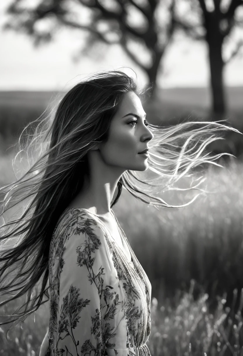 brunette woman with long hair standing in a field with trees, backlit loose hair, ethereal backlight, hair waving in the wind, hair blowing in the wind, hair waving in the wind, long hair waving in the wind, hair floating in the wind, hair waving in the wind, wind blows and hair flows, hair blown by the wind, black white photography, analog photography