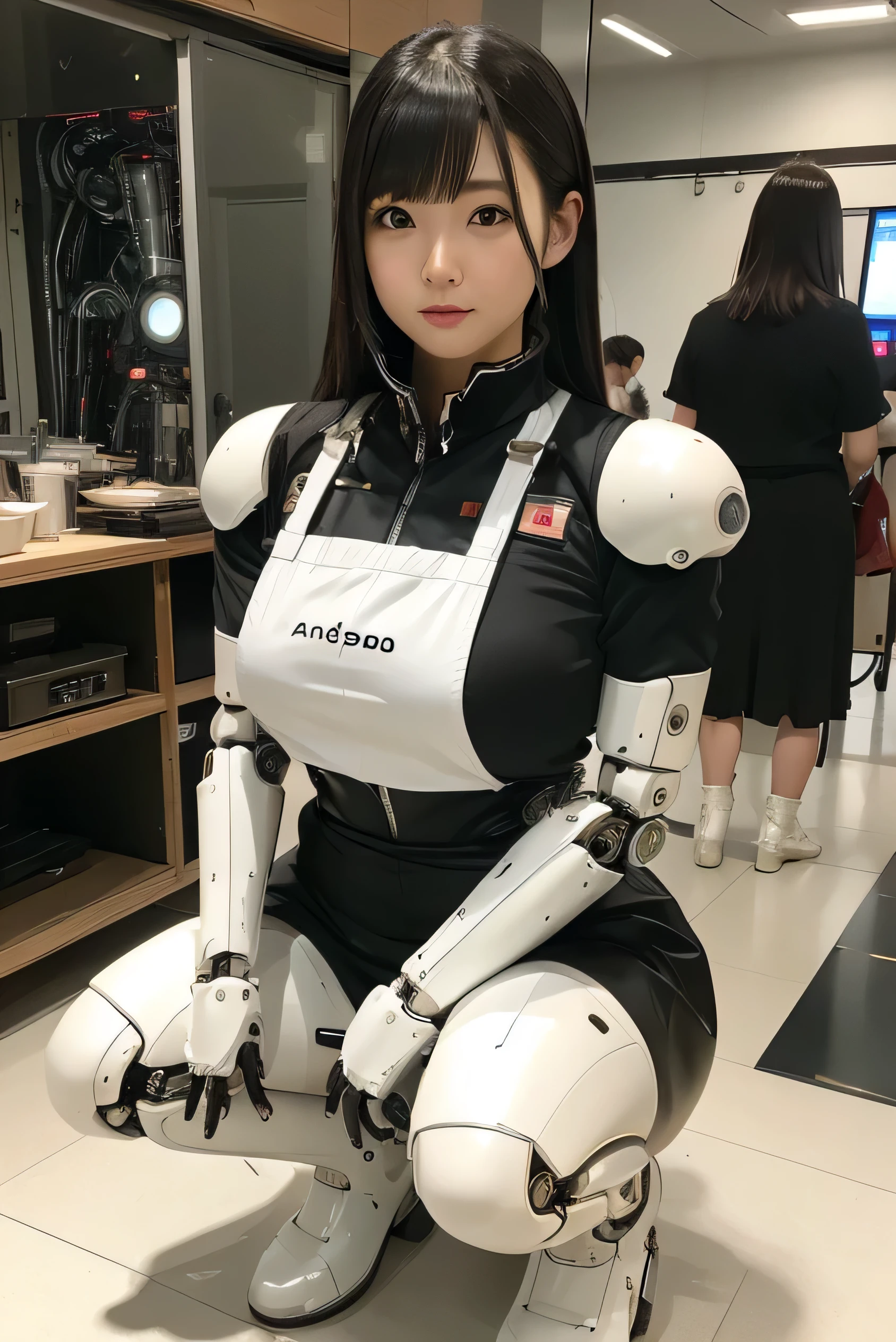 Japanese android girl,Plump , White boots,control panels,activate,Squat,android,droid,Mechanical Hand,clothes with a sense of mechanical technology, Robot arms and legs, Black Robot Parts,black hair,apron,white robot body,ceramic body