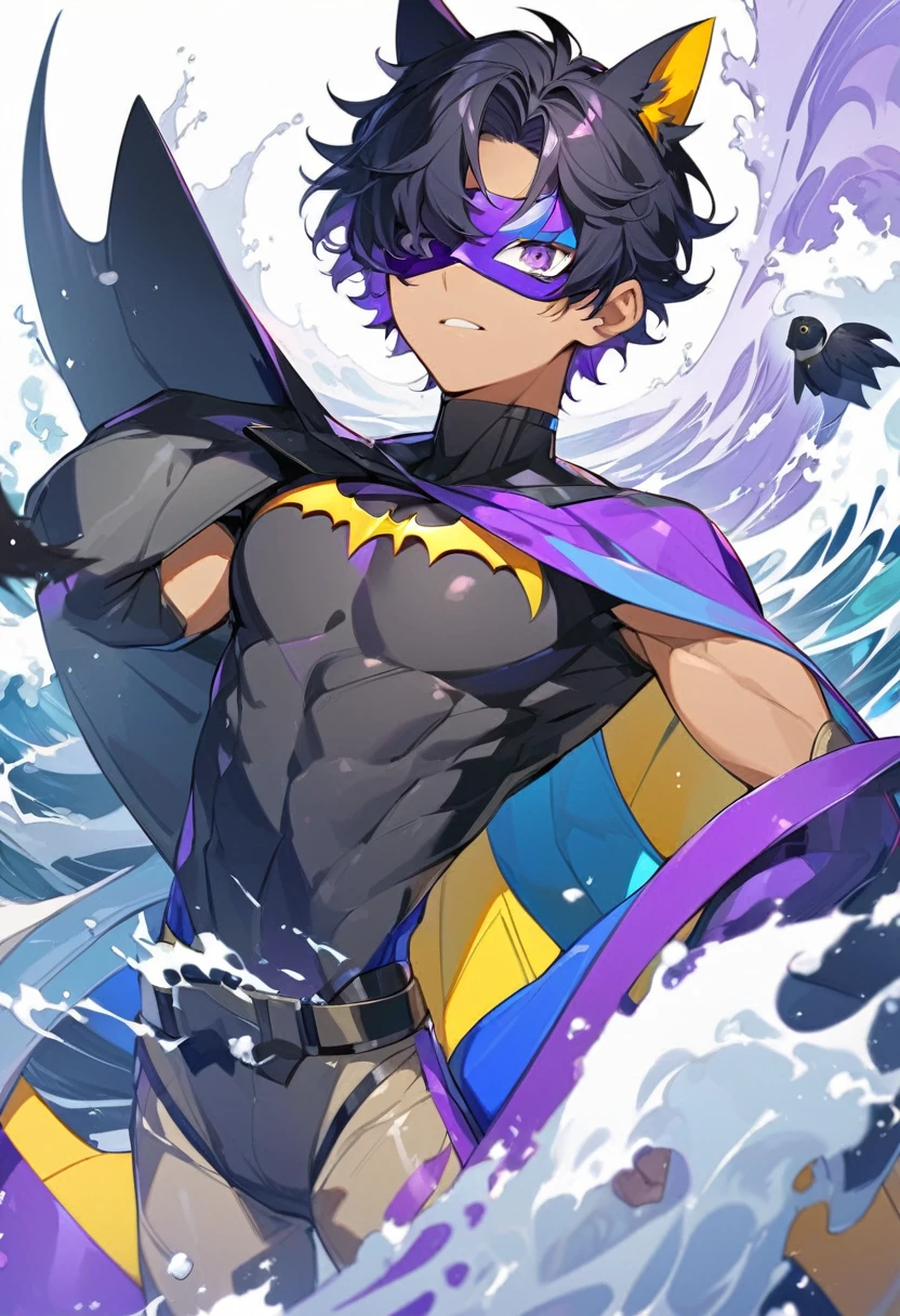 Teenage boy, light tan, black hair, wolf cut split in half with waves and dark purple tips, Super Hero, with costume inspired by a black bird, eye mask, with range of colors: Purples, dark gray lilacs with Batman's assistant style suit, elegant gothic