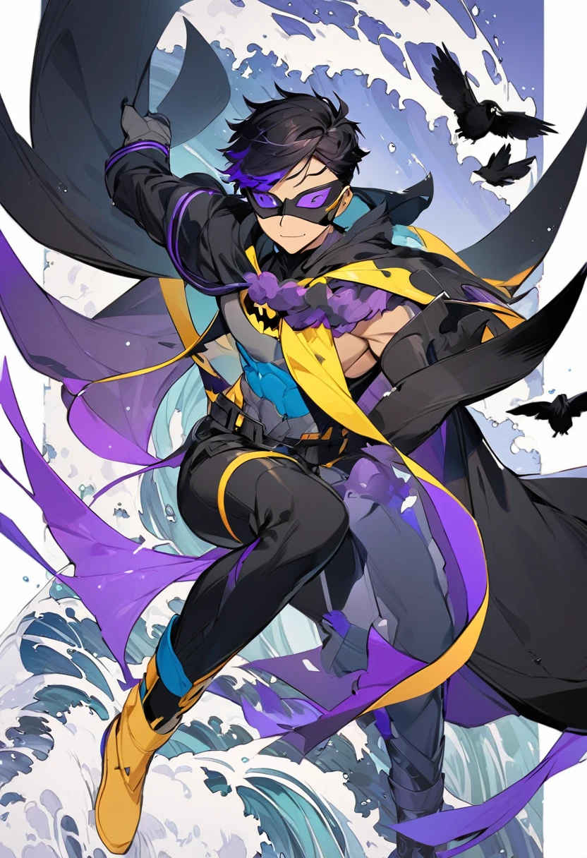age boy, light tan, black hair, wolf cut split in half with waves and dark purple tips, Super Hero, with costume inspired by a black bird, eye mask, with range of colors: Purples, dark gray lilacs with Batman's assistant style suit, elegant gothic