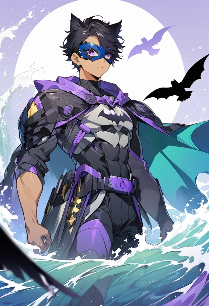 Teenage boy, light tan, black hair, wolf cut split in half with waves and dark purple tips, Super Hero, with costume inspired by a black bird, eye mask, with range of colors: Purples, dark gray lilacs with Batman's assistant style suit, elegant gothic