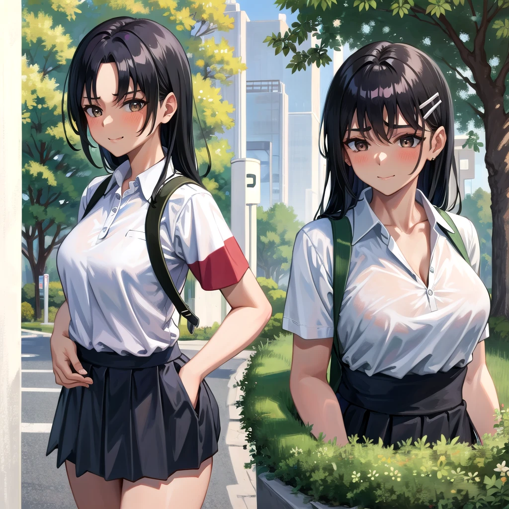 ((best quality)), ((masterpiece)), (details), one girl, sexy ((best quality)), ((masterpiece)), (details), one girl, sexy ((best quality)), ((masterpiece)), (details), one girl, full body, sexy expensive body, expensive, long legs, mature woman, mature, adult, it_nagatoro_main, Nagatoro Hayase, one girl, blushing, alone, uniform polo shirt, black hair, bag, brown eyes, hair accessory, looking at viewer, hair clip, outdoors, backpack, smiling, long hair, dark skinned woman, dark skin, , bangs, daytime, skirt, collared shirt, collarbone, ear clip, mouth closed, tree, asymmetrical bangs, upper body