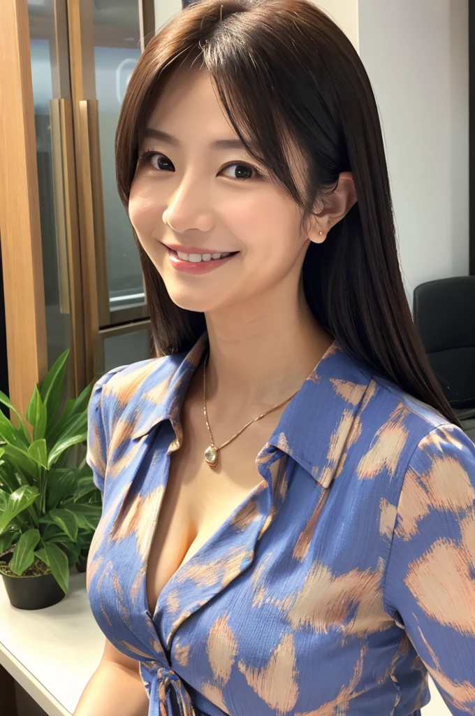((Highest quality)), ((masterpiece)), (detailed),Perfect Face,Japanese,Fair skin,Upper Body,Long Hair,Office Lady,Women's Ana Style,smile,Cleavage,blouse,Mature Woman