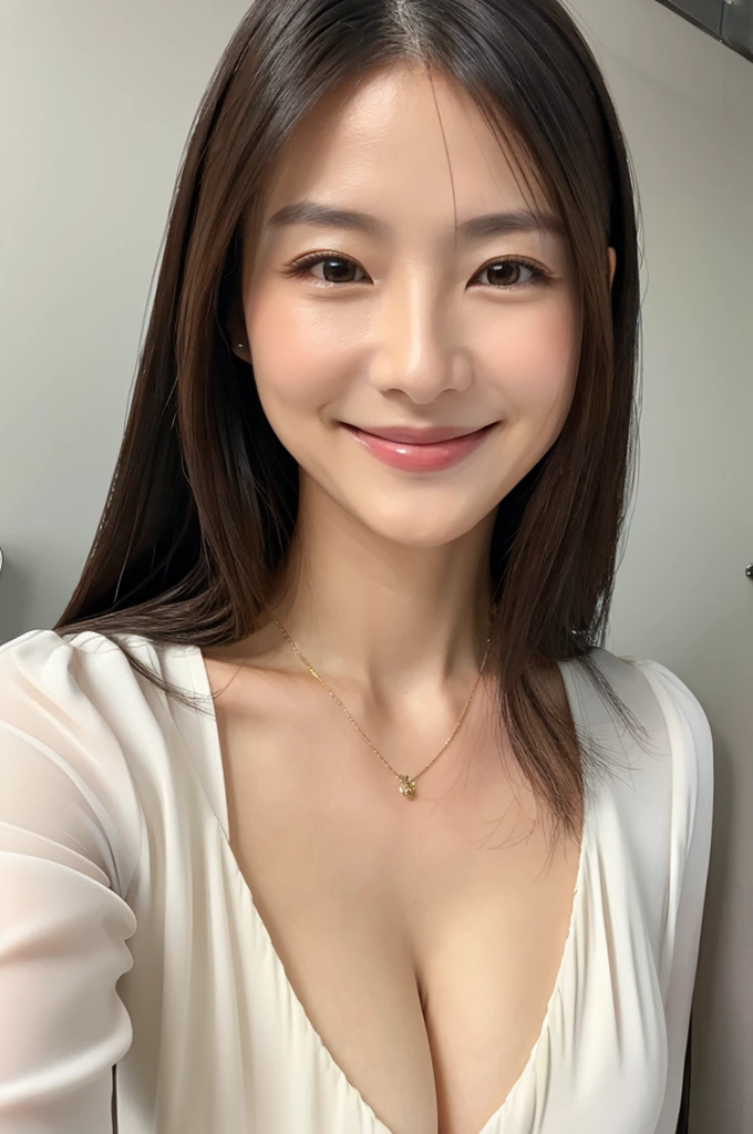 ((Highest quality)), ((masterpiece)), (detailed),Perfect Face,Japanese,Fair skin,Upper Body,Long Hair,Office Lady,Women's Ana Style,smile,Cleavage,blouse,Mature Woman