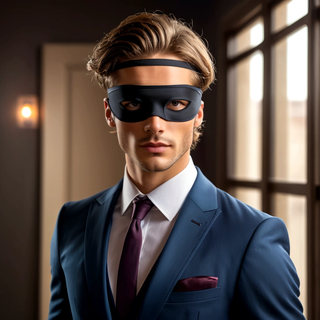 young handsome man with blindfold in a suit, light stubble, face centered in the lens, square jaw