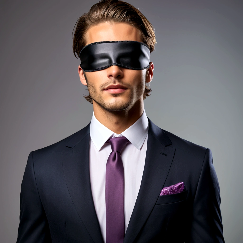 young handsome man with blindfold in a suit, light stubble, face centered in the lens, square jaw