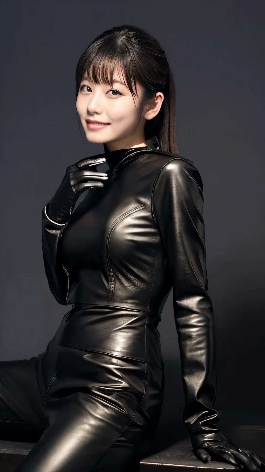 black leather rider jacket, , Black leather gloved fingertips on both hands,Wearing black leather gloves,Sitting in a black leather chair、 Japanese female new recruits (Black leather gloves cover both hands) (The angle is horizontal)、Black Leather Pants,Black Leather Black Leather Pants,Black Leather Skinny Pants、Long black leather boots on both feet、((He wears black leather gloves on his hands))Full Body Photo,full body shot full body full body leather suit,☺If you turn in this direction。Wearing black leather gloves,Wearing black leather gloves,Wearing black leather gloves,Wearing black leather gloves,Wearing black leather gloves,Wearing black leather gloves,黒のレザーパンツが美しい😍黒のレザーパンツが美しい😍黒のレザーパンツが美しい,😍Smiling while looking at me,City lights、Life-size (Neon Light)、Detailed lighting Best image quality、Ultra-high resolution、(realism:1.4)、Japanese Beauty Star、The most beautiful JPOP stars、face、Horny Korean Makeup、A body that makes you want to touch it、Realistic leather texture、Costume made of smooth leather fabric、The drape of the curved parts of the leather fabric、The costume is very shiny、Quality of the costume、8K Photo Quality