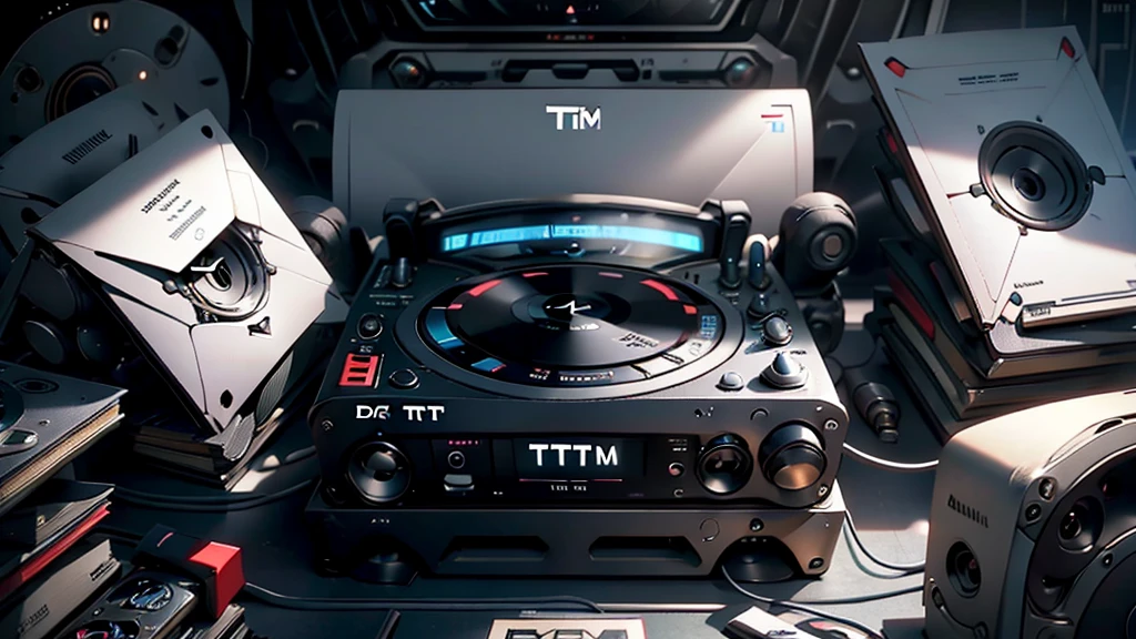 DTG, (DTG letters: 1.8), DJ set, Music, cassette, CD Player, Futuristic device for music playing, Music reproducer, Lo-fi, writing, abstract, colorful, high resolution, high quality, neon colors, dark grey background, black grey grdient