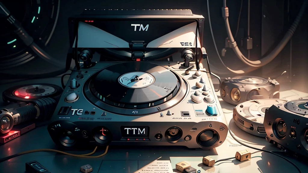 DTG, (DTG letters: 1.8), DJ set, Music, cassette, CD Player, Futuristic device for music playing, Music reproducer, Lo-fi, writing, abstract, colorful, high resolution, high quality, neon colors, dark grey background, black grey grdient
