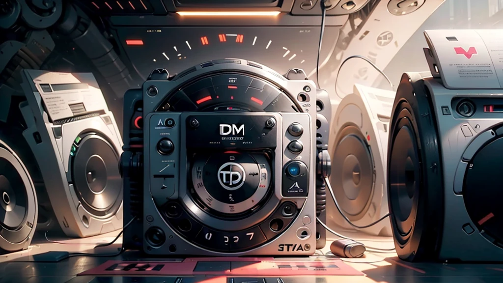 DTG, (DTG letters: 1.8), DJ set, Music, cassette, CD Player, Futuristic device for music playing, Music reproducer, Lo-fi, writing, abstract, colorful, high resolution, high quality, neon colors, dark grey background, black grey grdient