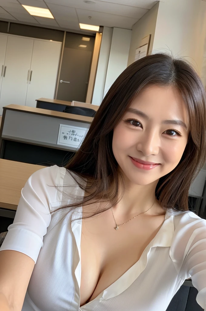 ((Highest quality)), ((masterpiece)), (detailed),Perfect Face,Japanese,Fair skin,Upper Body,Long Hair,Office Lady,Women's Ana Style,smile,Cleavage,blouse,Mature Woman