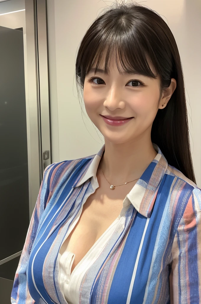 ((Highest quality)), ((masterpiece)), (detailed),Perfect Face,Japanese,Fair skin,Upper Body,Long Hair,Office Lady,Women's Ana Style,smile,Cleavage,blouse,Mature Woman
